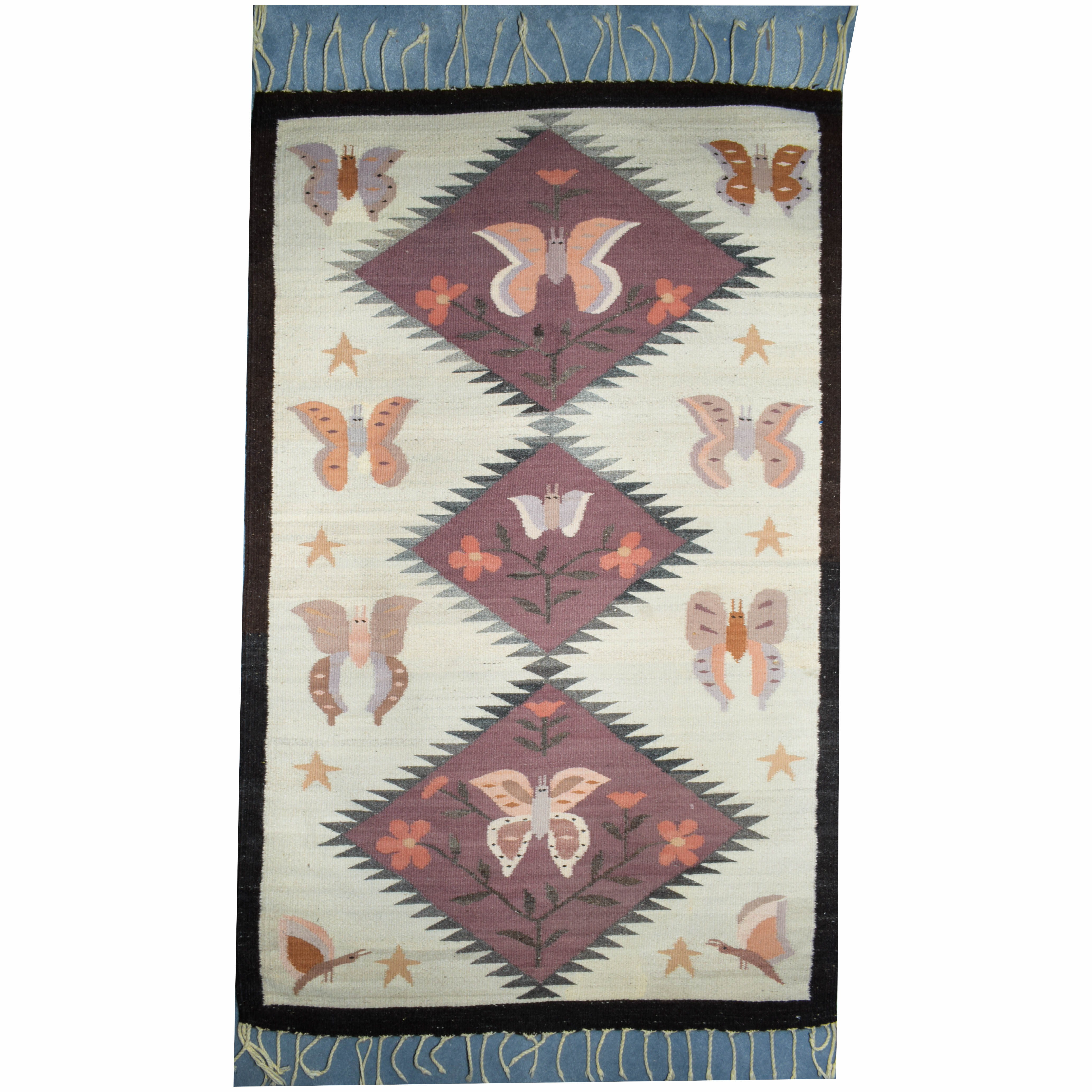 Handwoven Bessarabian-Style Butterfly Patterned Accent Rug