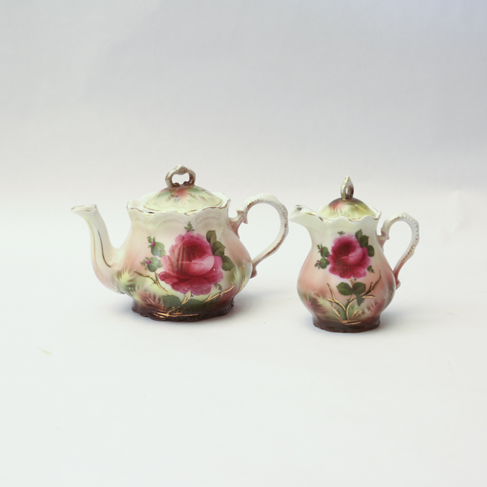 Floral China Teapot and Creamer Pitchers