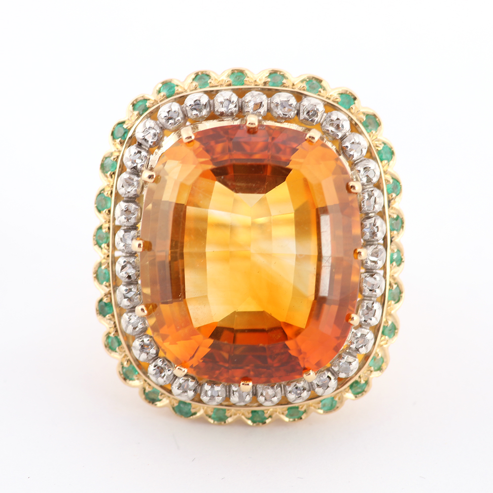 18K Yellow Gold Ring with Golden Quartz, Diamonds, and Emerald Stones