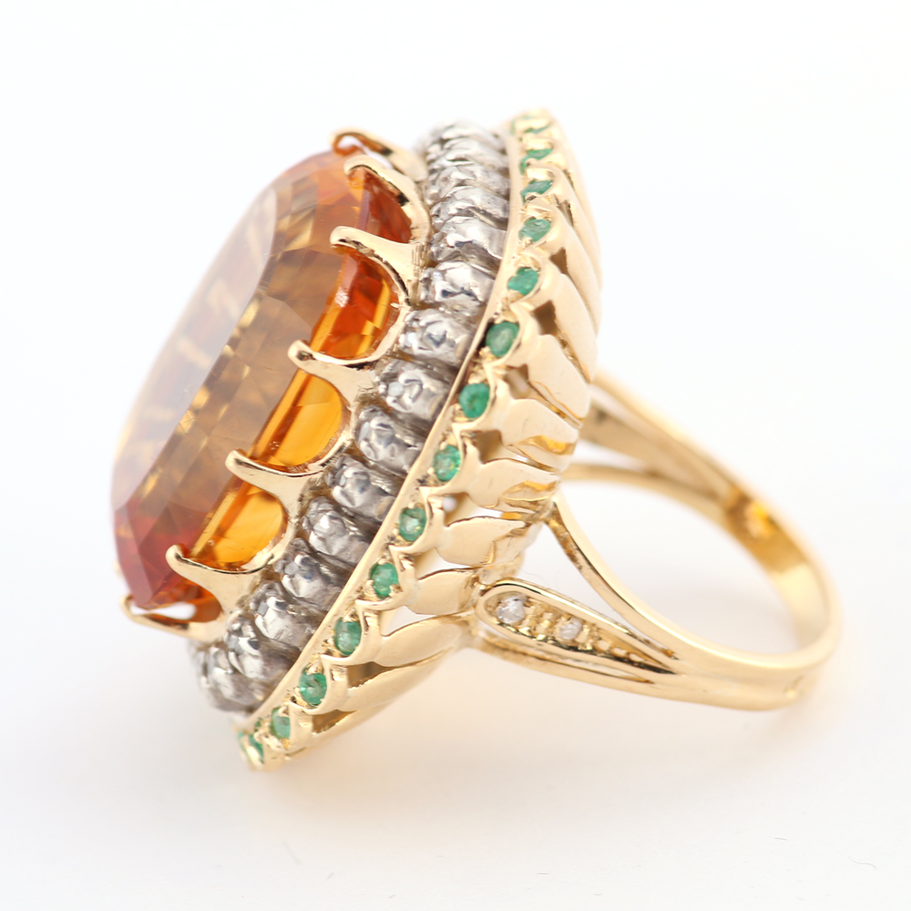 18K Yellow Gold Ring with Golden Quartz, Diamonds, and Emerald Stones