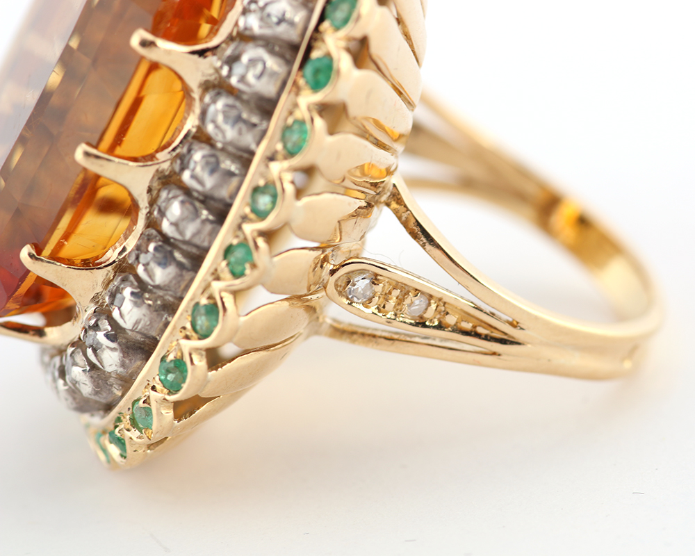 18K Yellow Gold Ring with Golden Quartz, Diamonds, and Emerald Stones