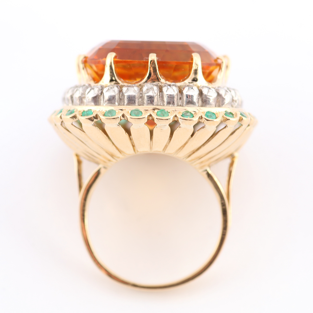 18K Yellow Gold Ring with Golden Quartz, Diamonds, and Emerald Stones
