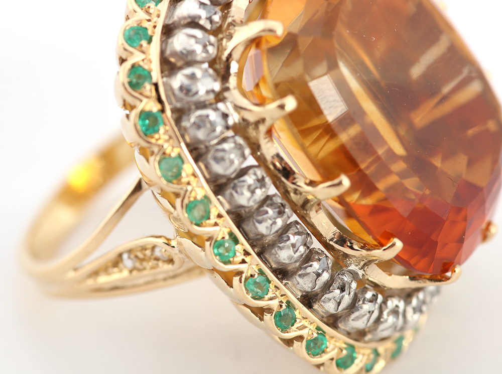 18K Yellow Gold Ring with Golden Quartz, Diamonds, and Emerald Stones