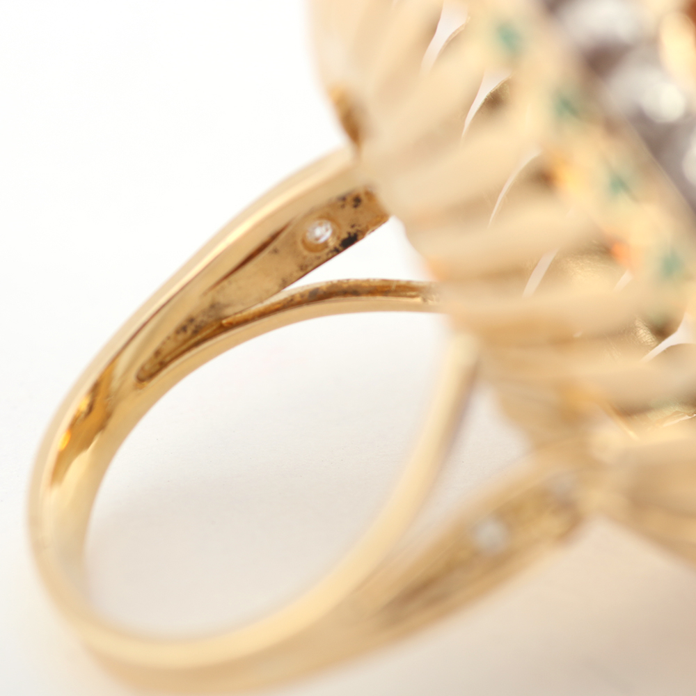 18K Yellow Gold Ring with Golden Quartz, Diamonds, and Emerald Stones