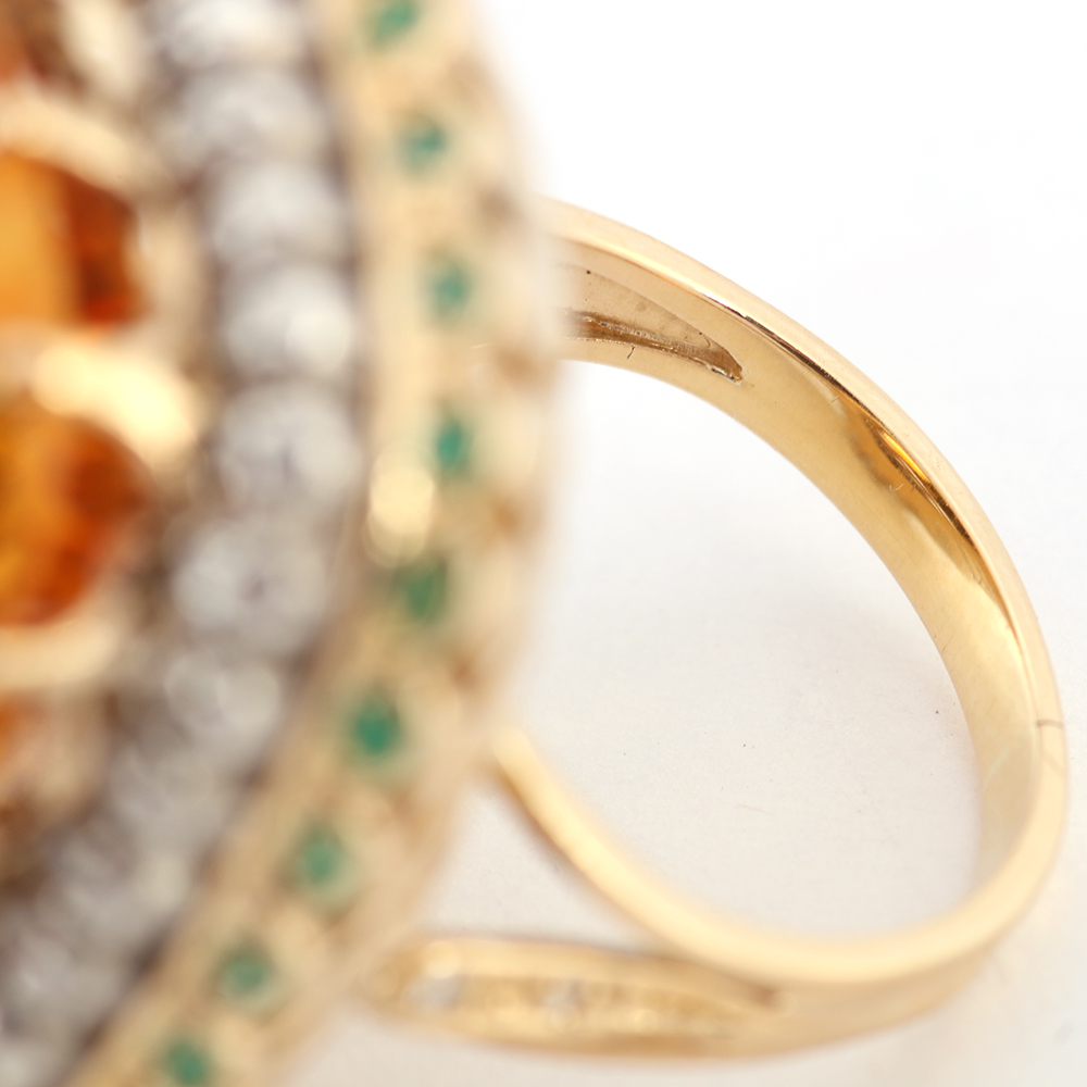 18K Yellow Gold Ring with Golden Quartz, Diamonds, and Emerald Stones