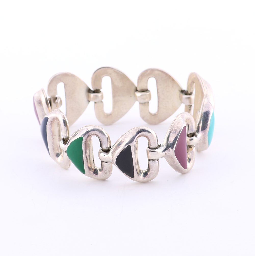 Mexican Sterling Silver Braclet with Semi-Precious Inlays
