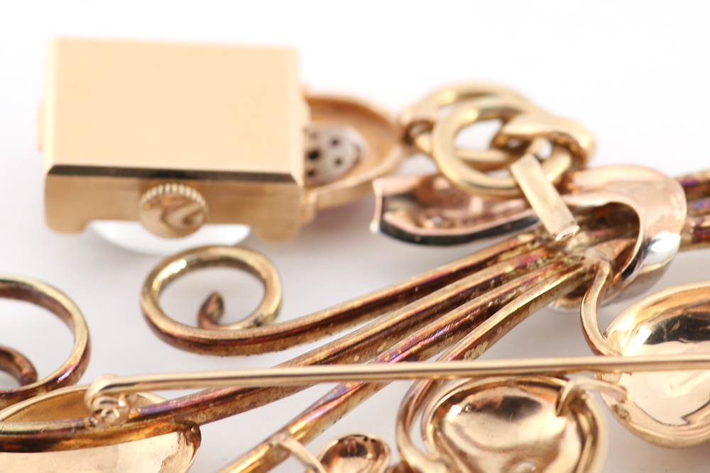 Vintage 14K Rose Gold Brooch with a Pendant Watch and Diamond and Ruby Accents