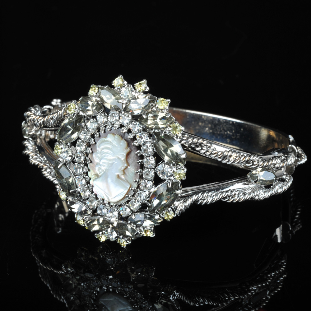 Vintage Hobé Silver Plated Cameo Bangle Bracelet