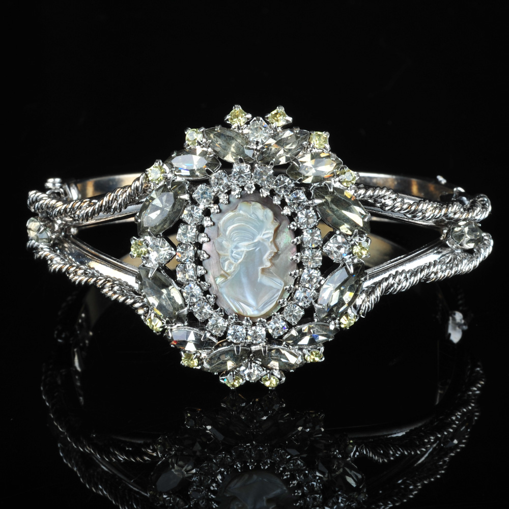 Vintage Hobé Silver Plated Cameo Bangle Bracelet