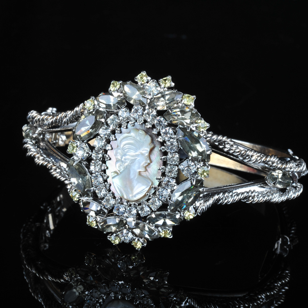 Vintage Hobé Silver Plated Cameo Bangle Bracelet