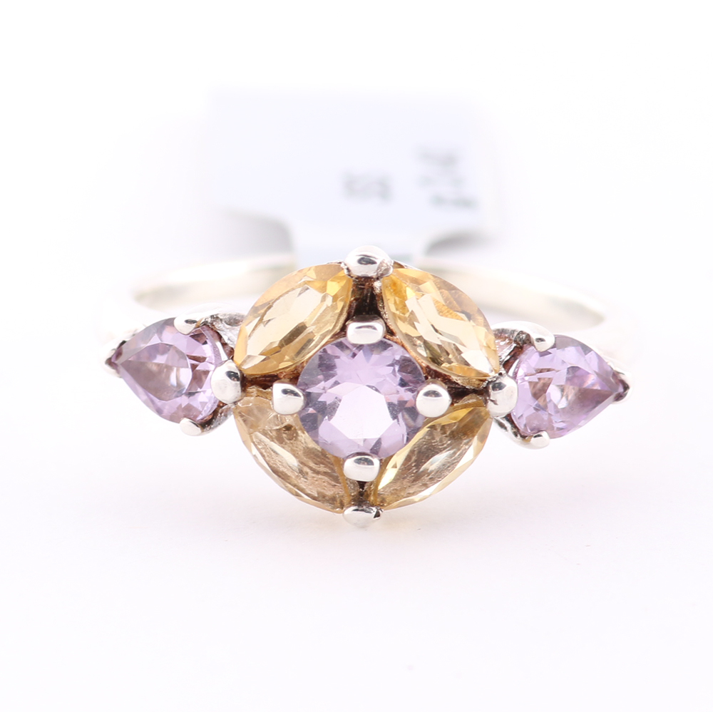 Sterling Silver Purple and Yellow Glass Ring