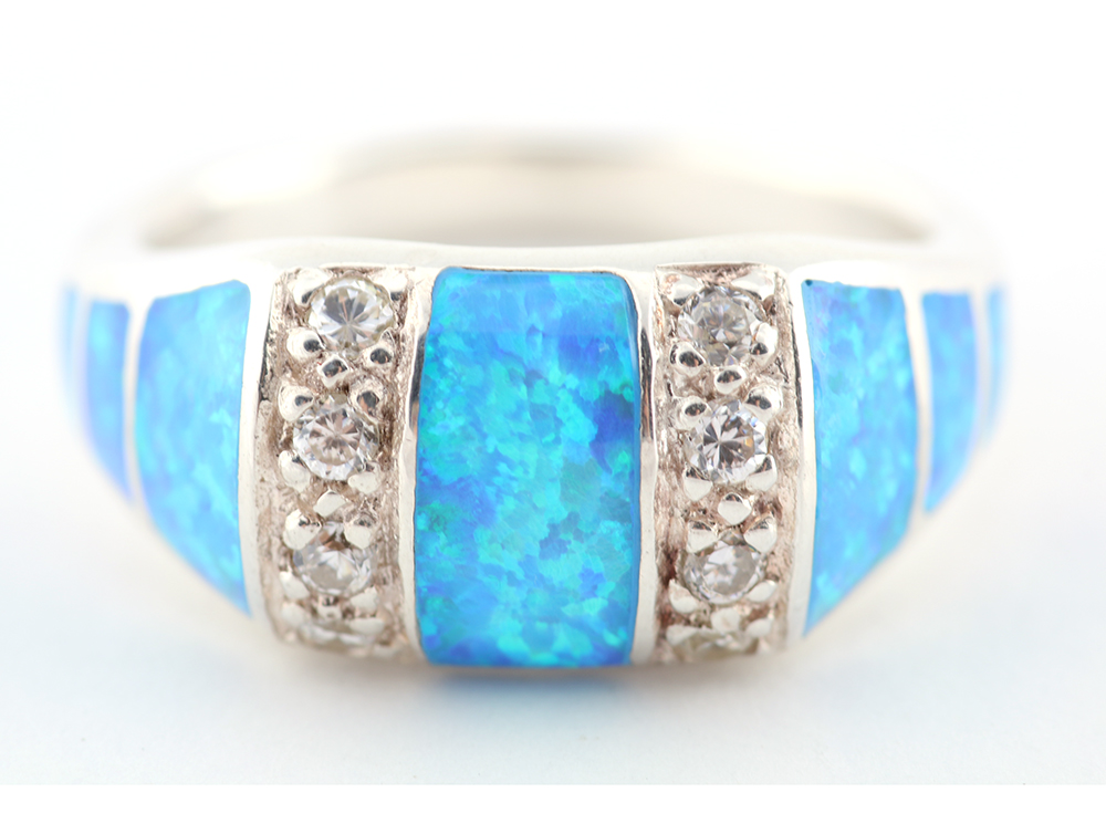 Sterling Silver Ring with White Stones and Synthetic Opal Inlay