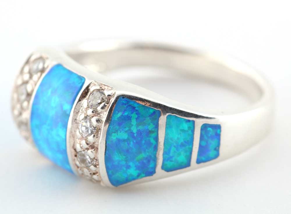 Sterling Silver Ring with White Stones and Synthetic Opal Inlay