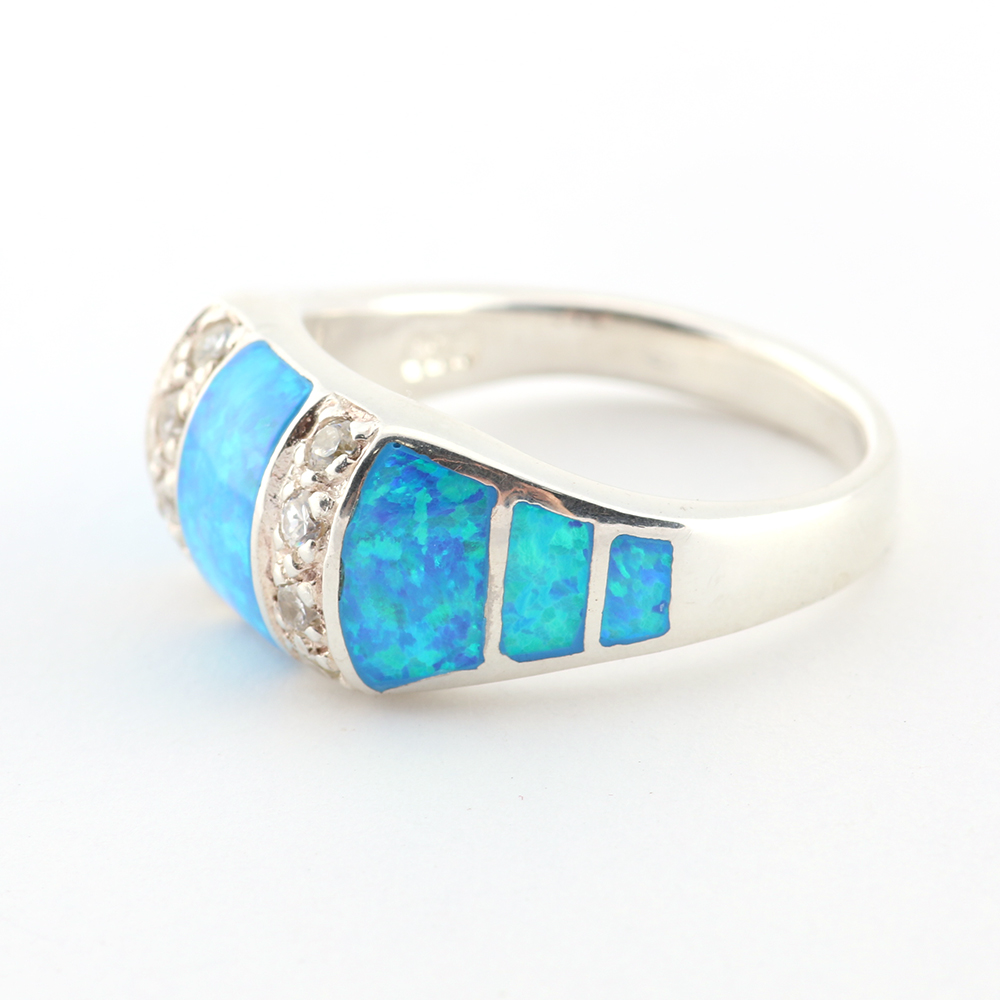 Sterling Silver Ring with White Stones and Synthetic Opal Inlay