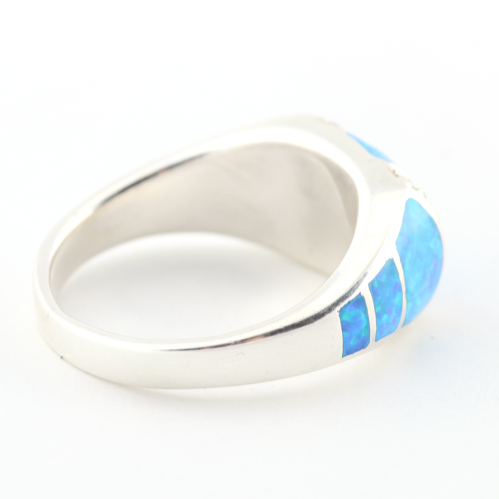 Sterling Silver Ring with White Stones and Synthetic Opal Inlay