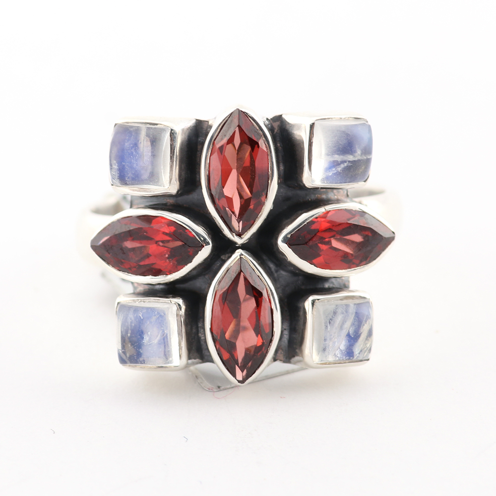 Sterling Silver Moonstone and Garnet Ring
