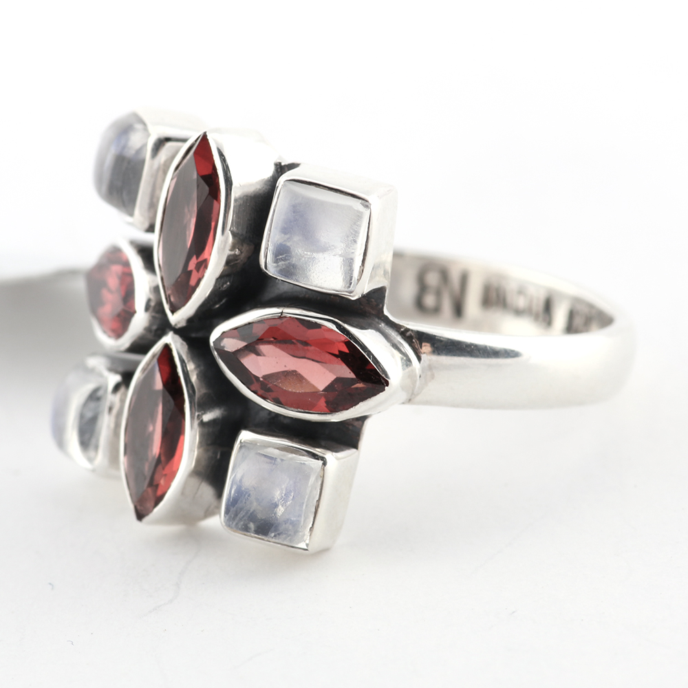 Sterling Silver Moonstone and Garnet Ring