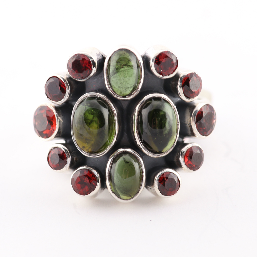 Sterling Silver Ring with Green and Red Glass Stones