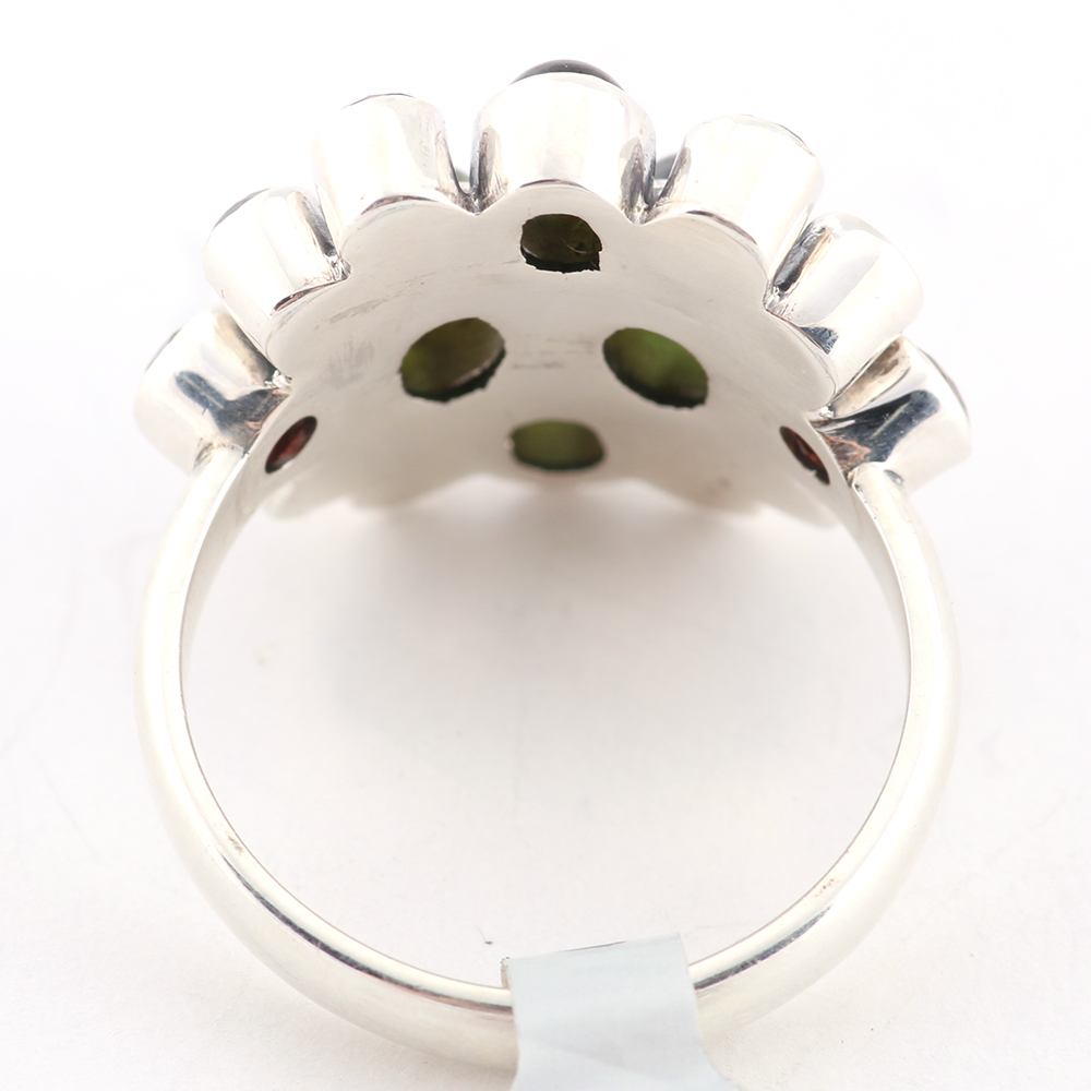 Sterling Silver Ring with Green and Red Glass Stones
