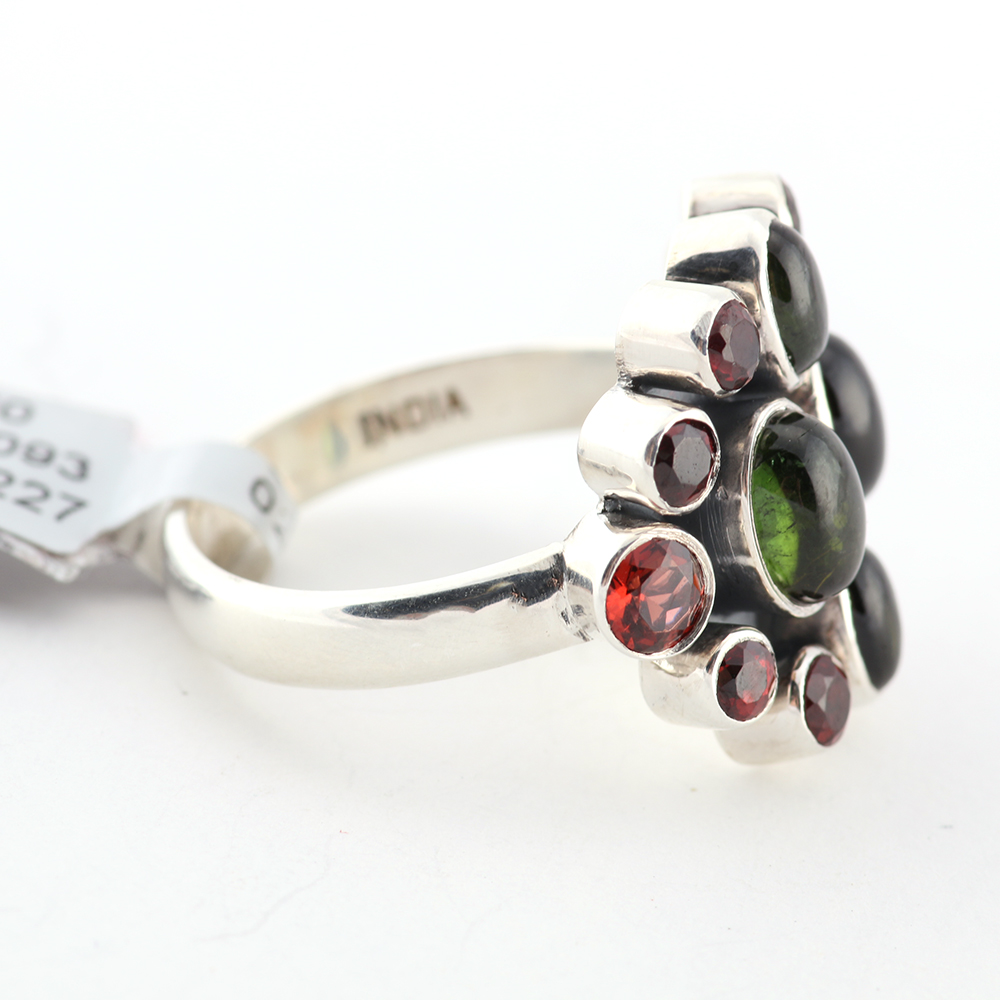Sterling Silver Ring with Green and Red Glass Stones