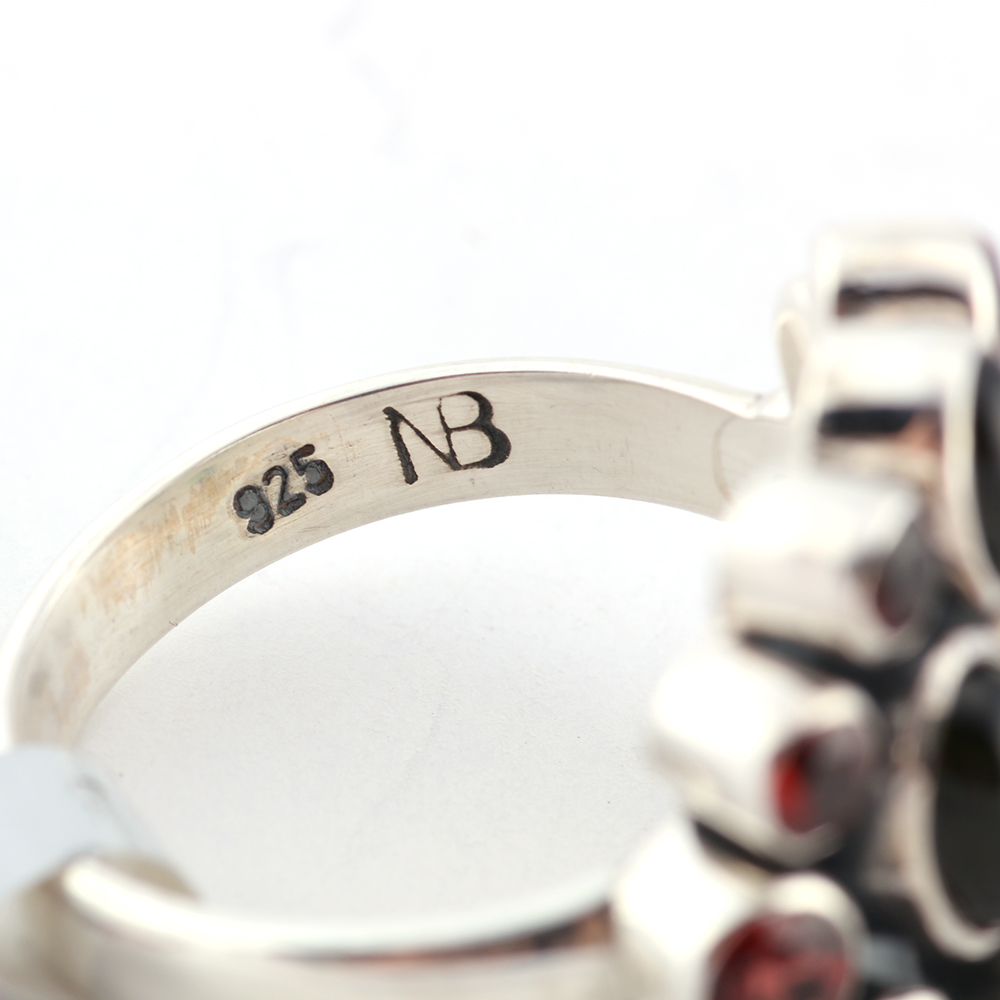 Sterling Silver Ring with Green and Red Glass Stones