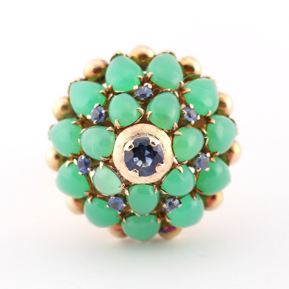 14K Yellow Gold Sapphire and Chrysoprase Dome Ring