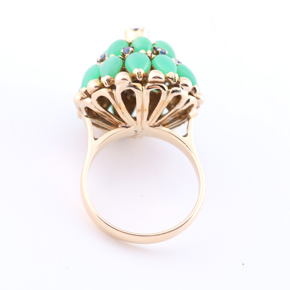 14K Yellow Gold Sapphire and Chrysoprase Dome Ring