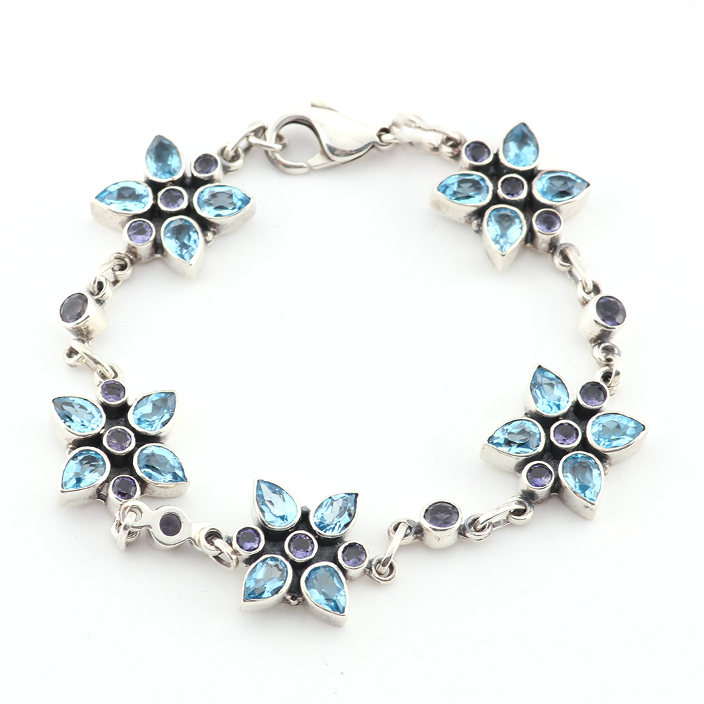 Sterling Silver Bracelet with Blue and Violet Glass Stones