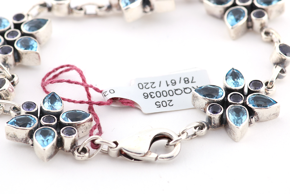 Sterling Silver Bracelet with Blue and Violet Glass Stones