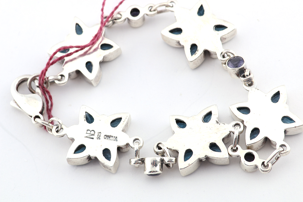 Sterling Silver Bracelet with Blue and Violet Glass Stones