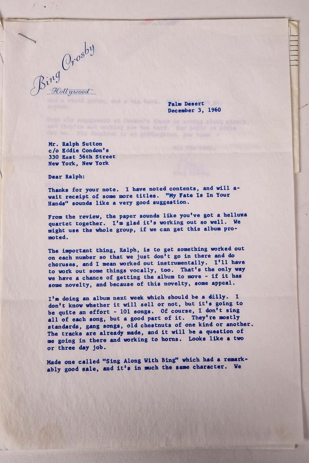 Bing Crosby Signed Letter