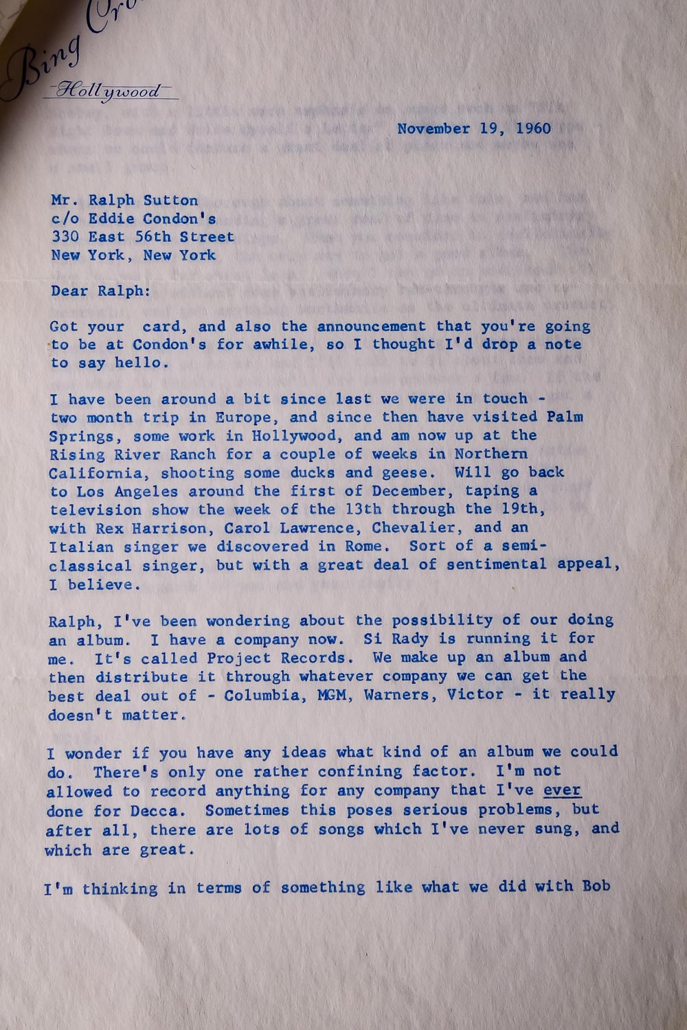 Bing Crosby Signed Letter