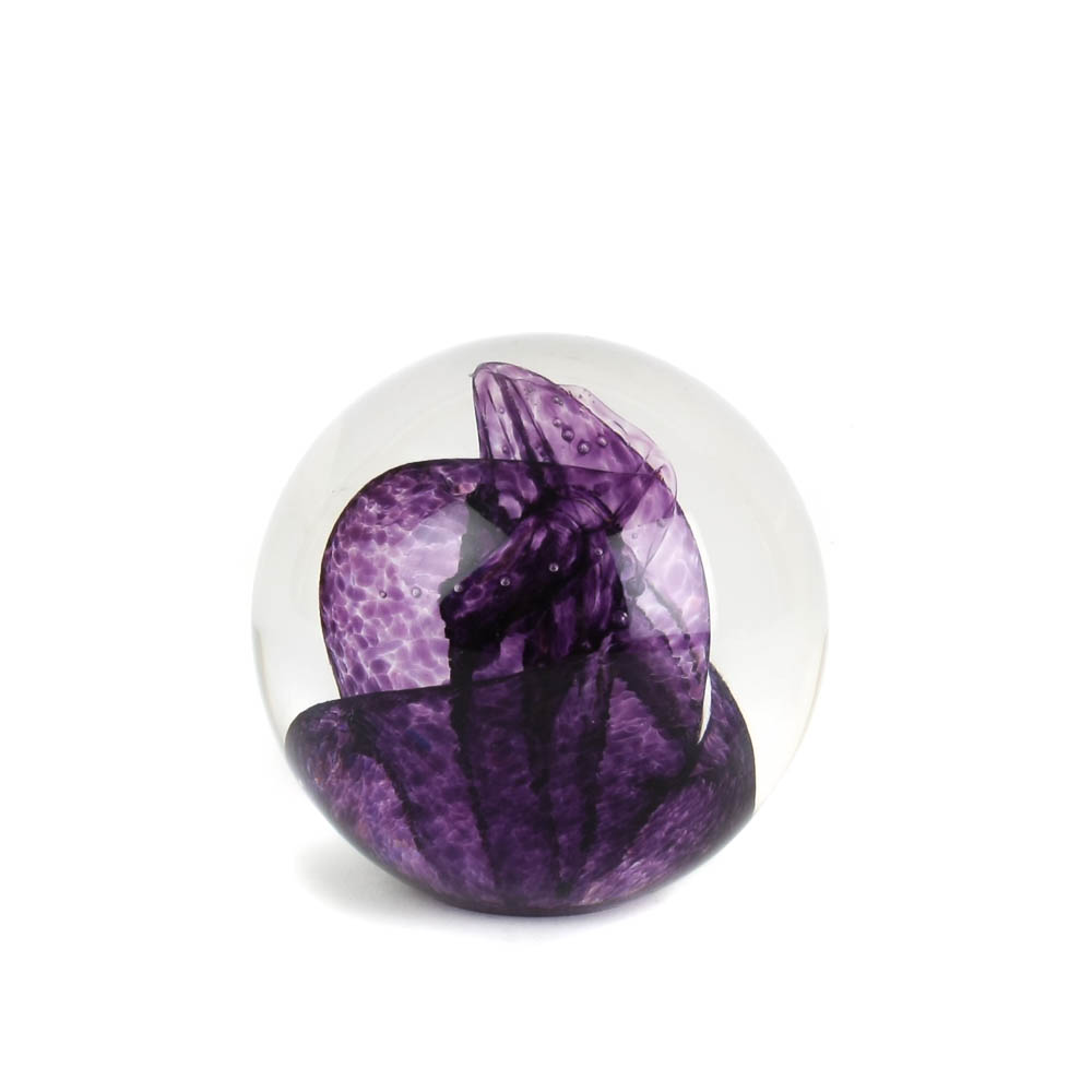Signed Glass Eye Studio Art Glass Paperweight with Purple Swirl