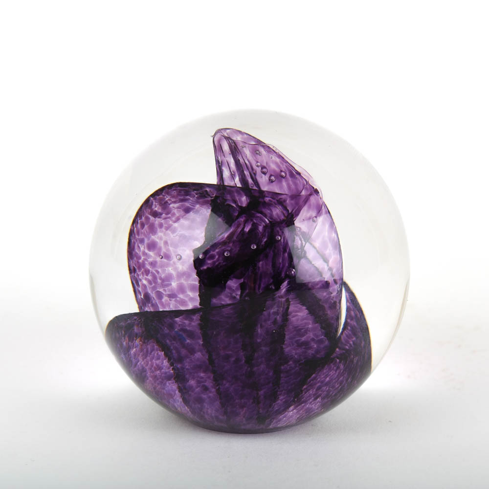 Signed Glass Eye Studio Art Glass Paperweight with Purple Swirl