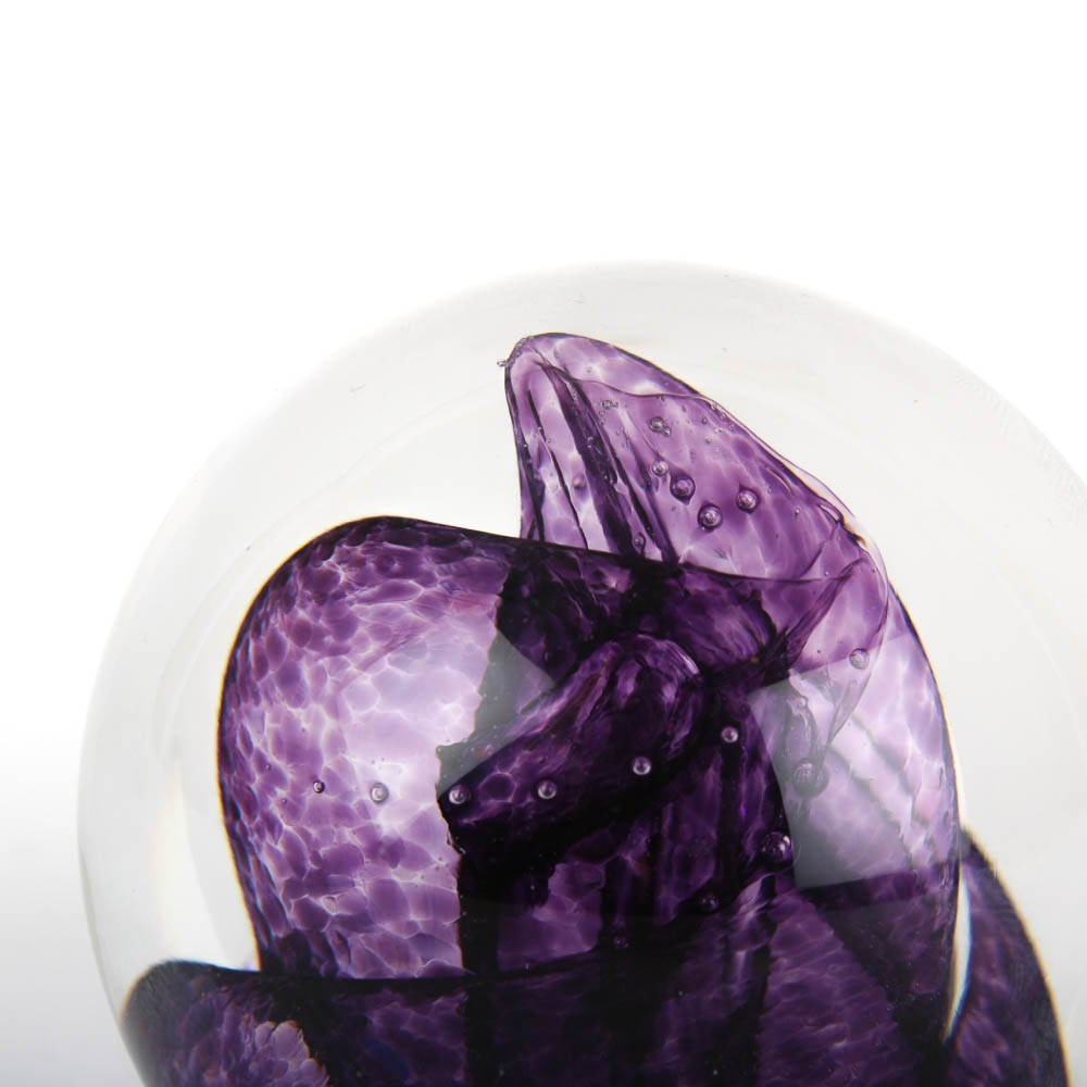 Signed Glass Eye Studio Art Glass Paperweight with Purple Swirl