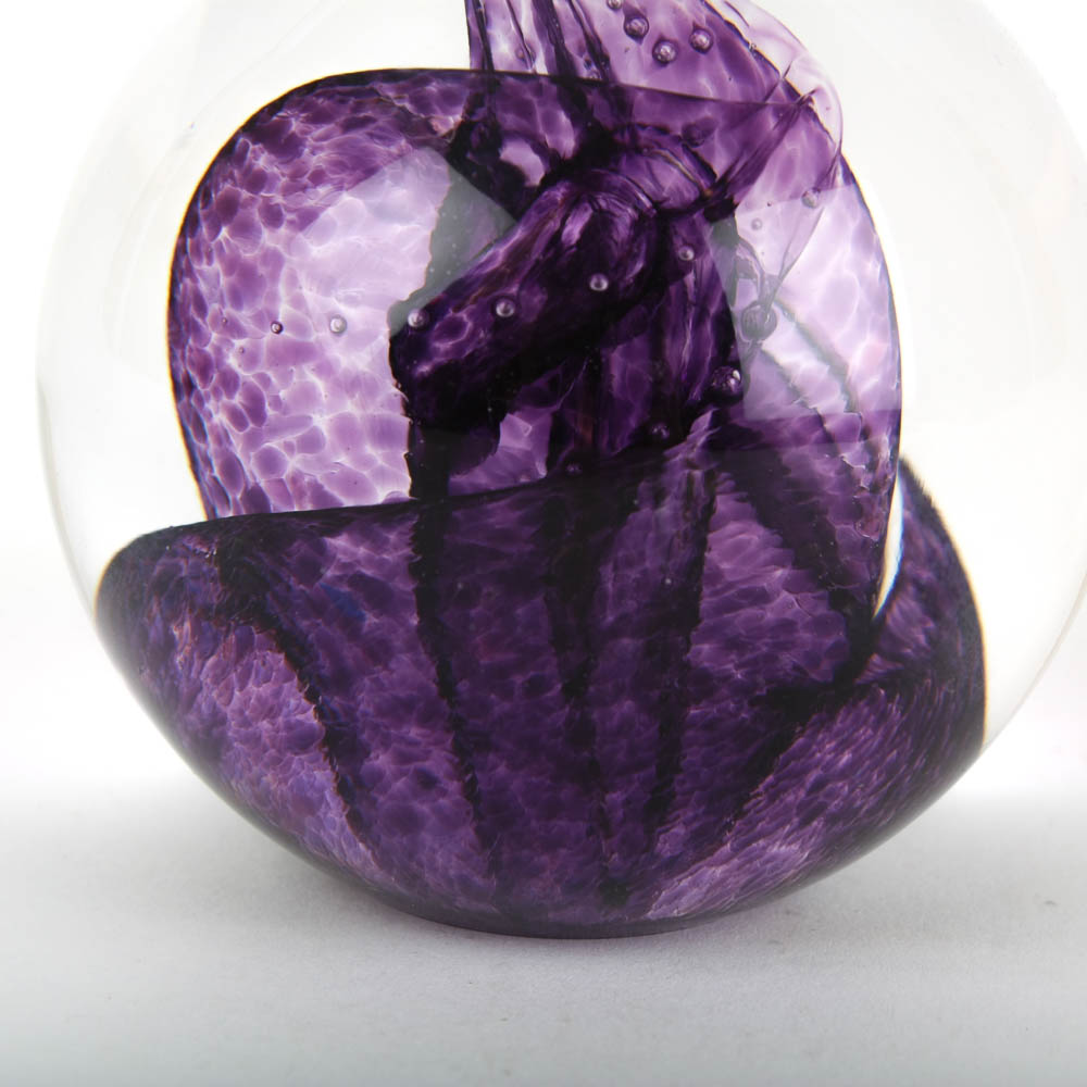 Signed Glass Eye Studio Art Glass Paperweight with Purple Swirl