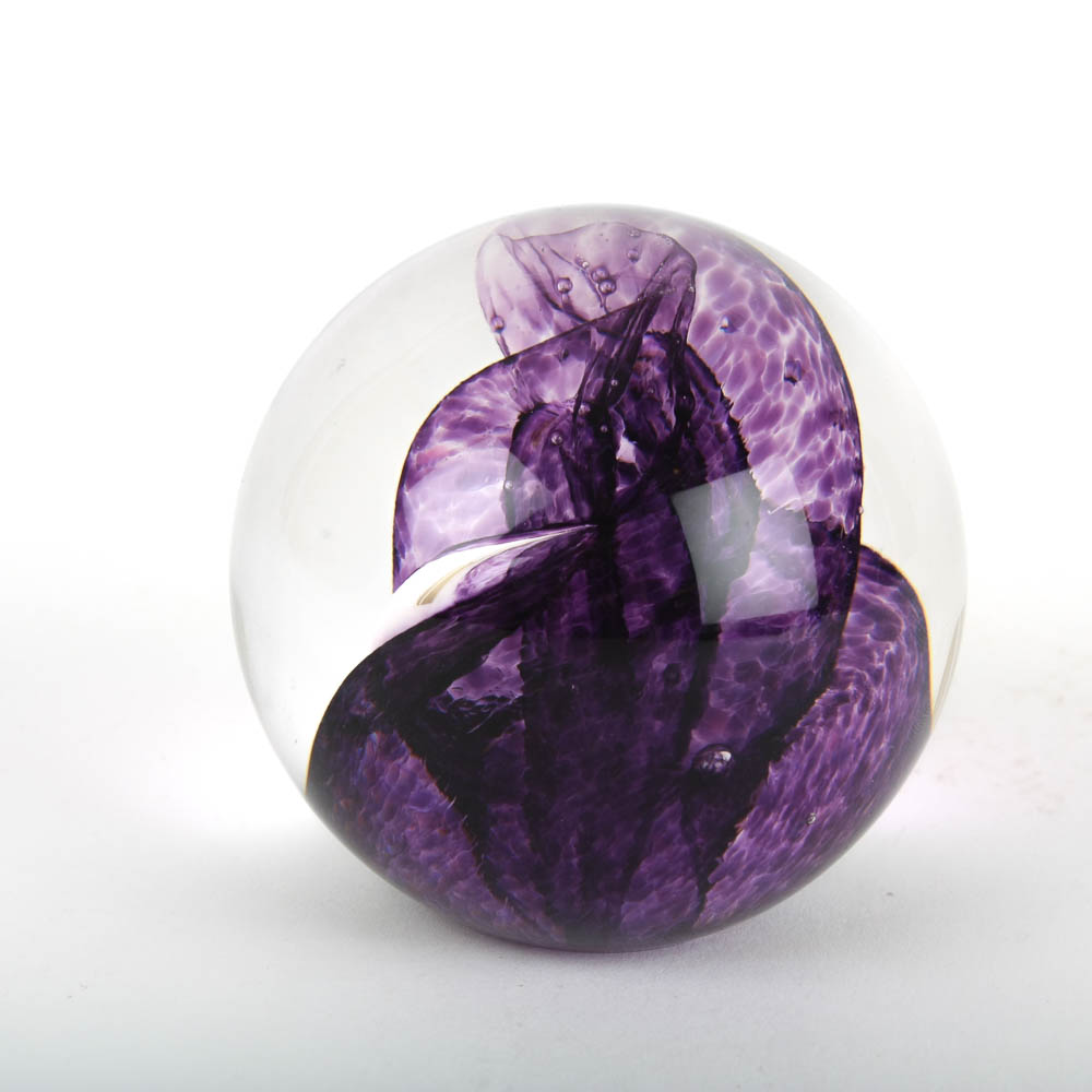 Signed Glass Eye Studio Art Glass Paperweight with Purple Swirl