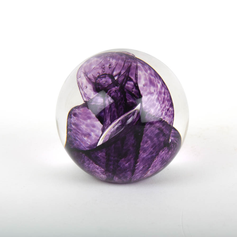 Signed Glass Eye Studio Art Glass Paperweight with Purple Swirl