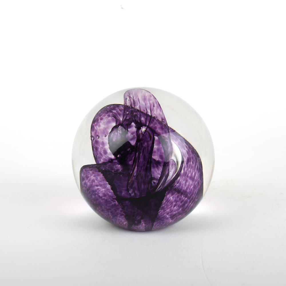 Signed Glass Eye Studio Art Glass Paperweight with Purple Swirl