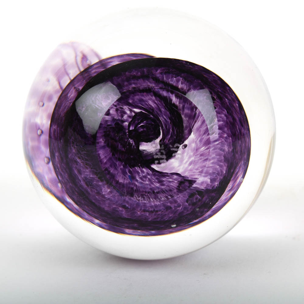 Signed Glass Eye Studio Art Glass Paperweight with Purple Swirl