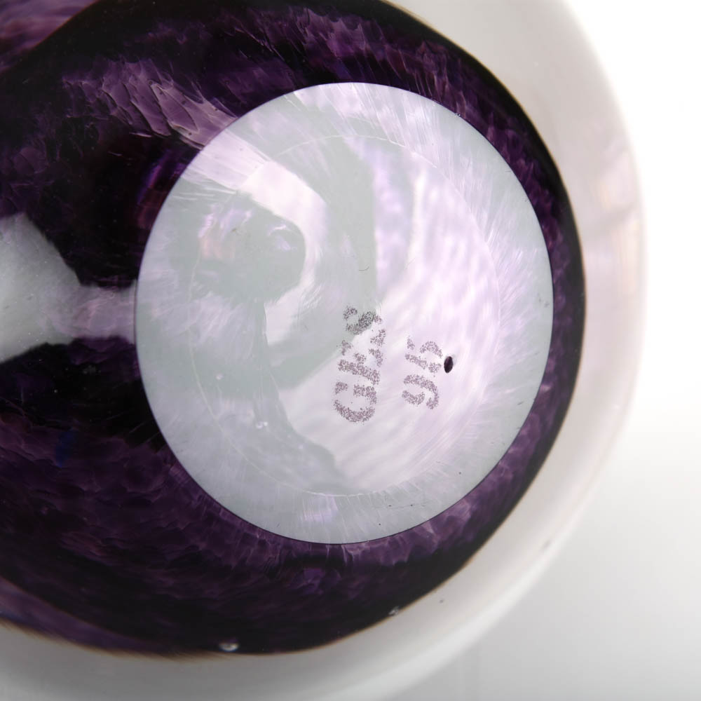 Signed Glass Eye Studio Art Glass Paperweight with Purple Swirl