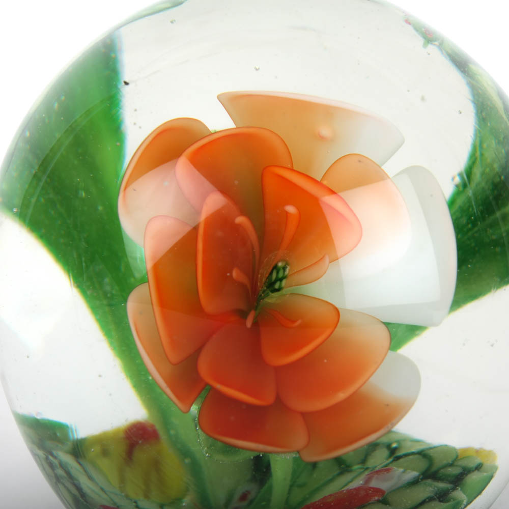 Art Glass Paperweight with Lily Pads and Orange Blossom