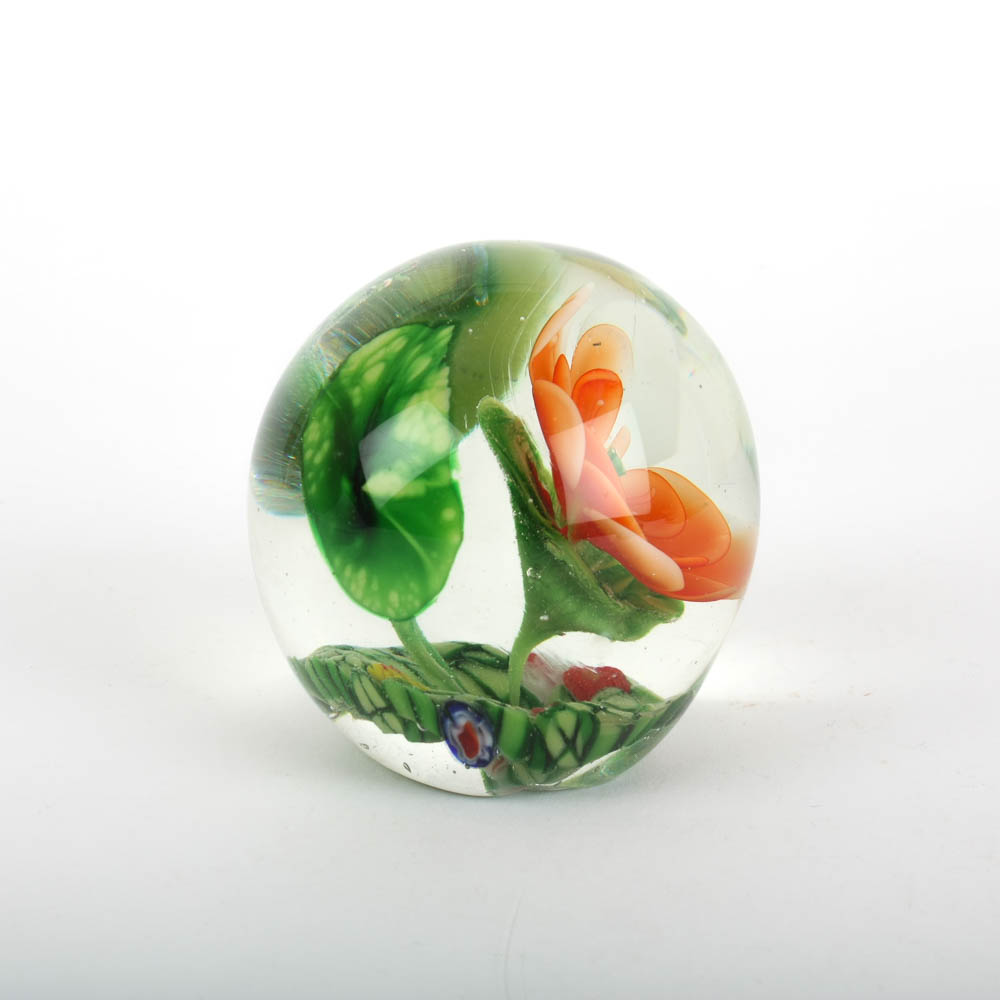 Art Glass Paperweight with Lily Pads and Orange Blossom