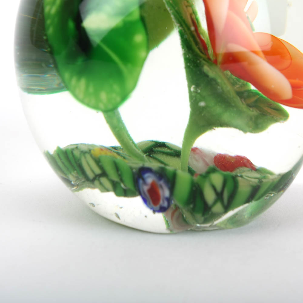 Art Glass Paperweight with Lily Pads and Orange Blossom