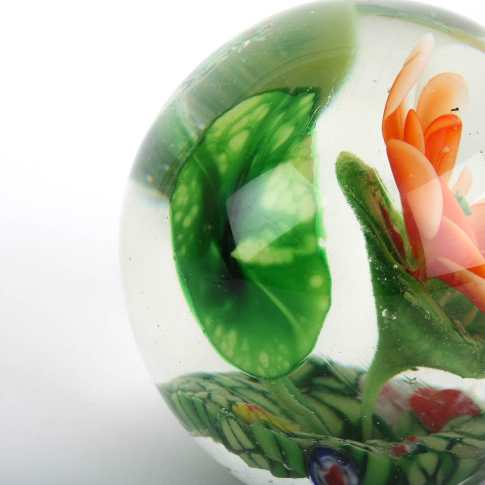 Art Glass Paperweight with Lily Pads and Orange Blossom