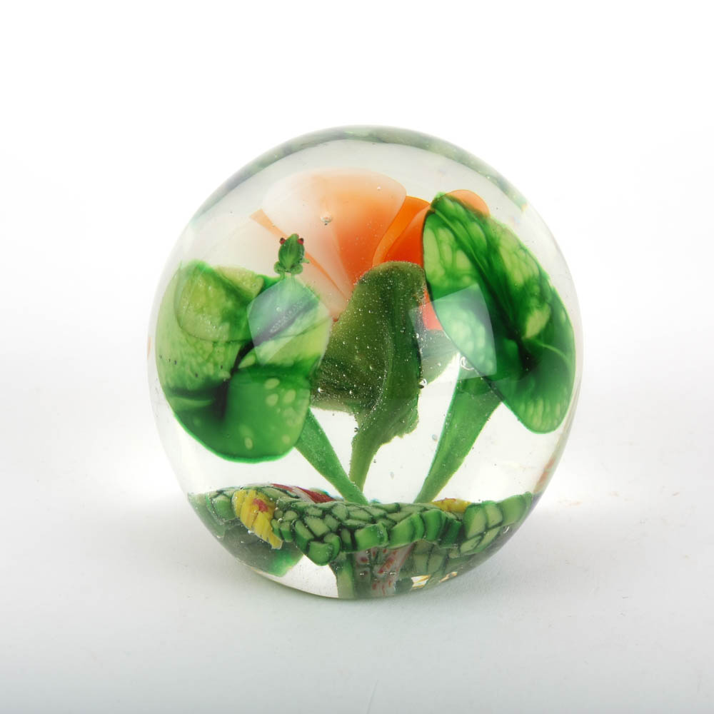 Art Glass Paperweight with Lily Pads and Orange Blossom
