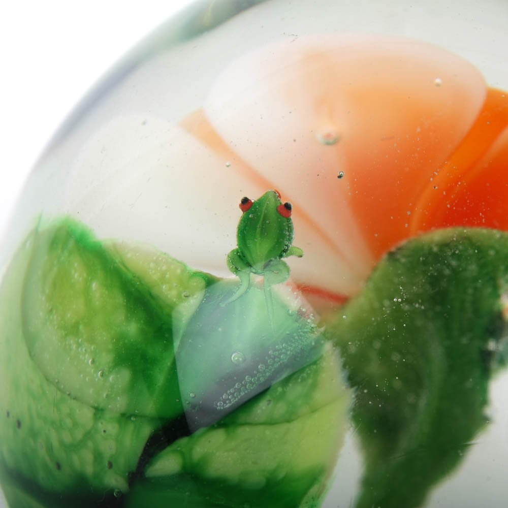 Art Glass Paperweight with Lily Pads and Orange Blossom