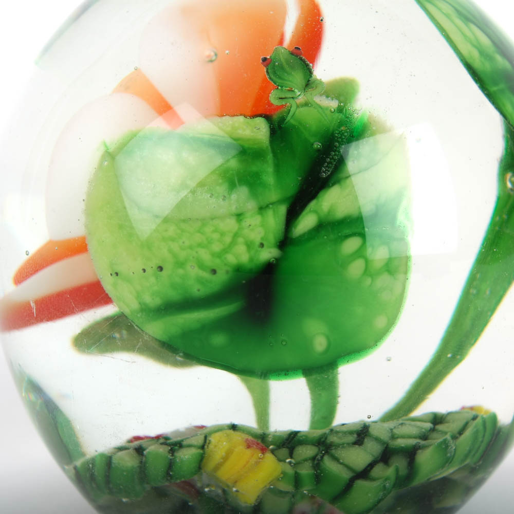 Art Glass Paperweight with Lily Pads and Orange Blossom