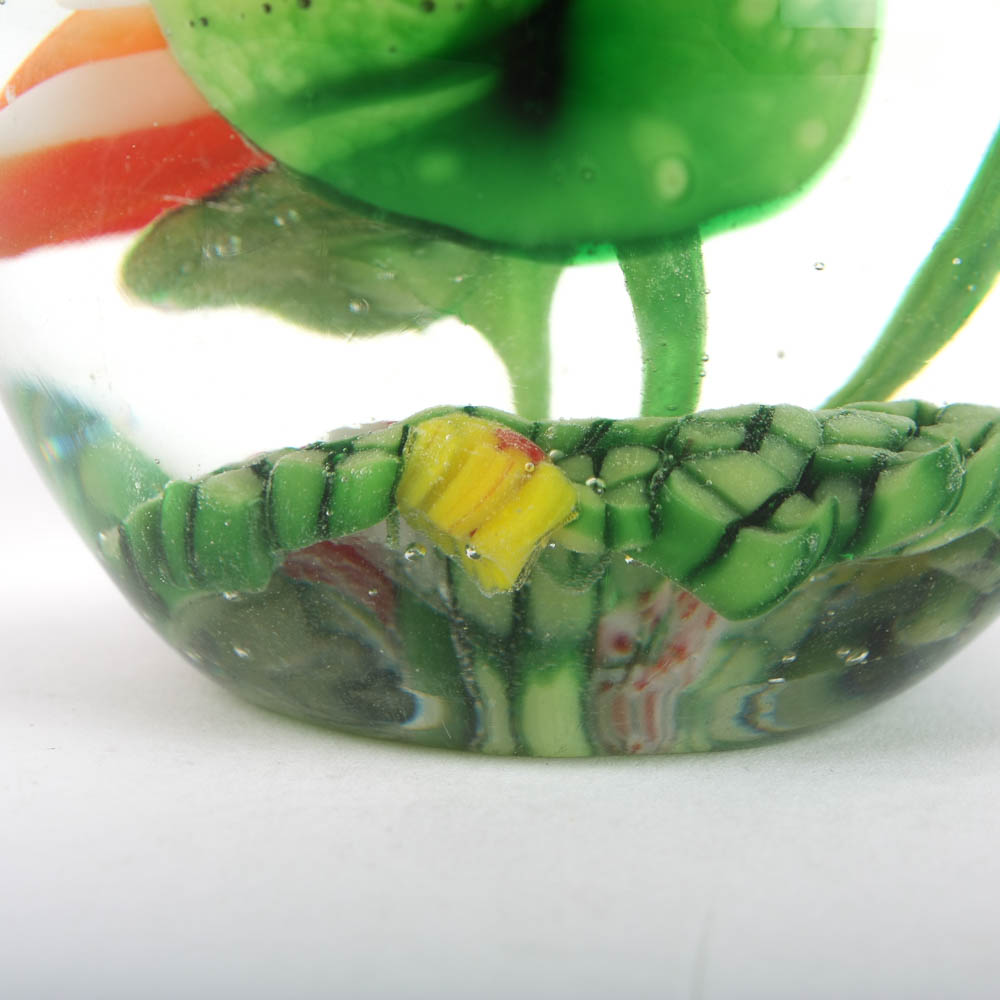 Art Glass Paperweight with Lily Pads and Orange Blossom