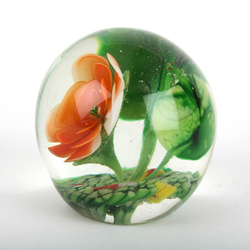 Art Glass Paperweight with Lily Pads and Orange Blossom